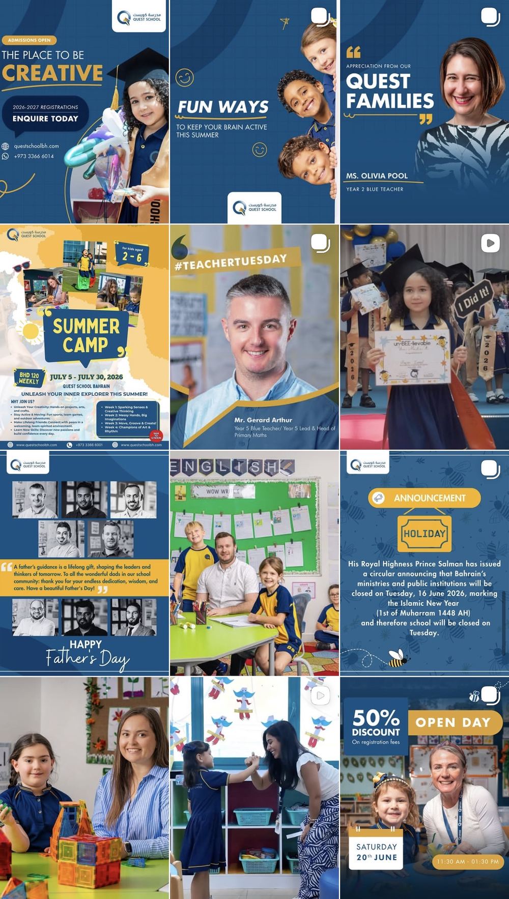 Quest School Bahrain Instagram grid, managed by GOamplify